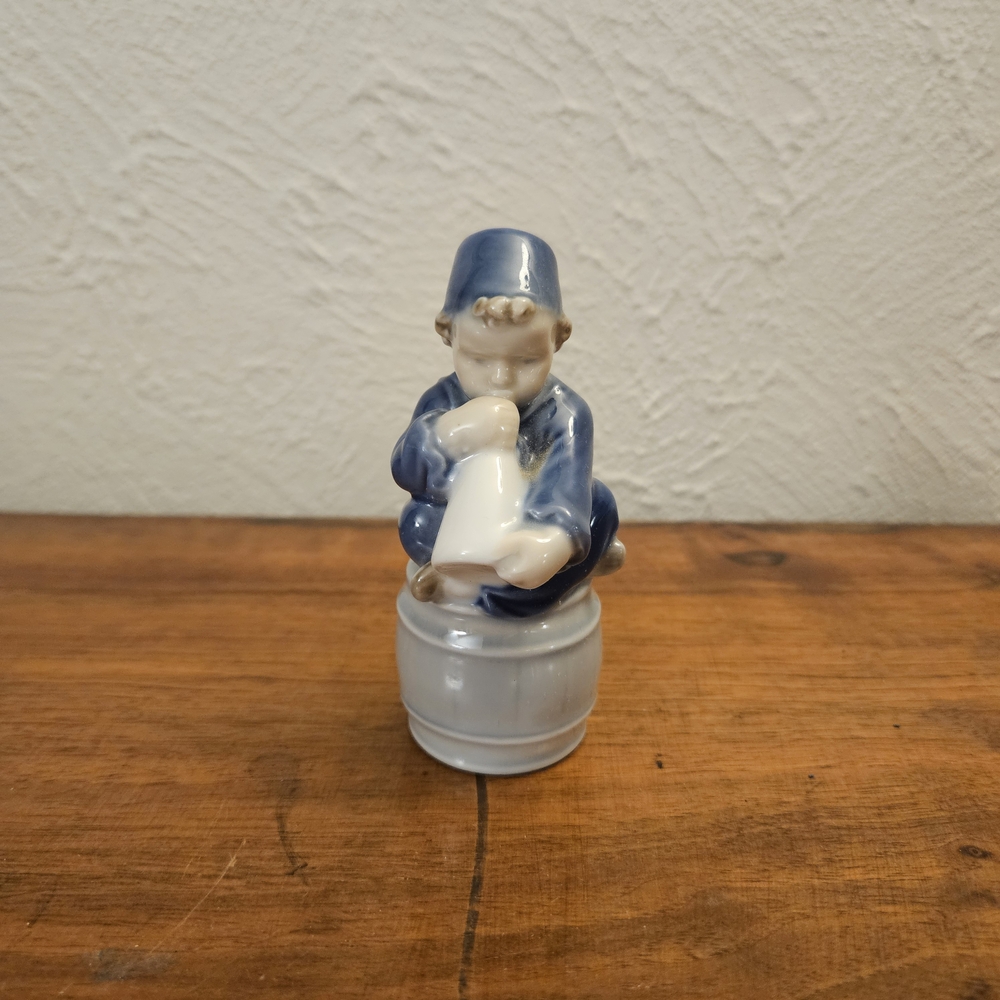 Royal Copenhagen Denmark #3689 Boy With Horn On Barrel‎ Figurine Blue